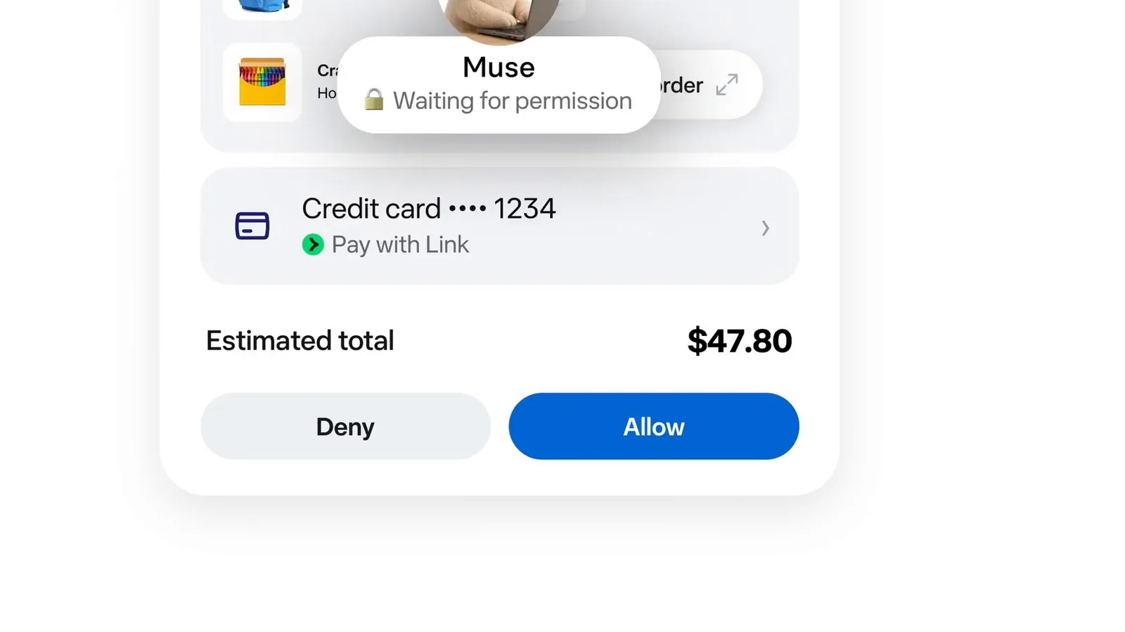 Diálogo de permiso con el aviso Muse Waiting for permission, un total de 47,80 dólares y los botones Deny y Allow