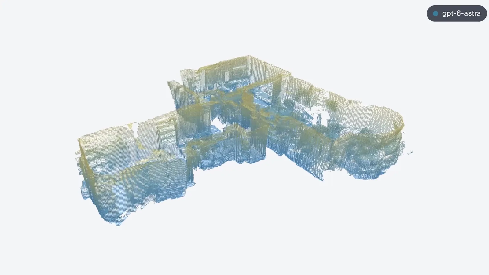 Nube de puntos 3D de una oficina en amarillo y azul, reconstruida por GPT-6 Astra en Drone-Bench