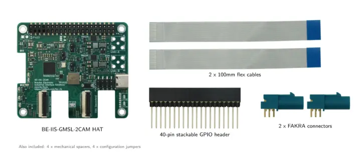 Placa BE-IIS-GMSL2-2CAM con sus accesorios
