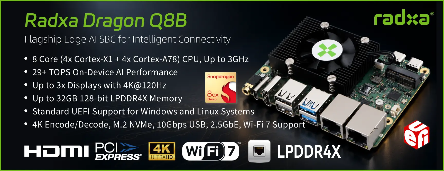 Placa Radxa Dragon Q8B para IA en el borde con SoC Snapdragon 8cx Gen3