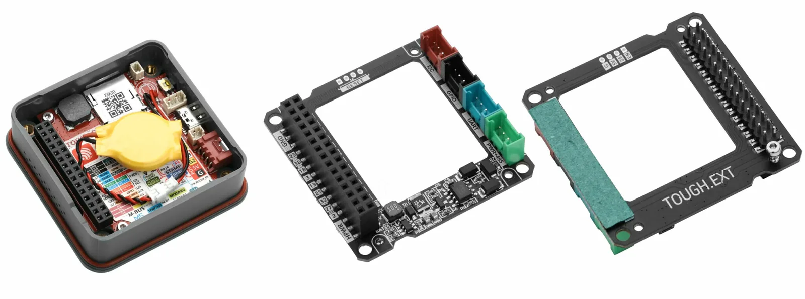 Hardware interno del M5Stack ToughC5, con la placa principal y la placa de expansión con I2C, GPIO, UART y RS485 por ambos lados