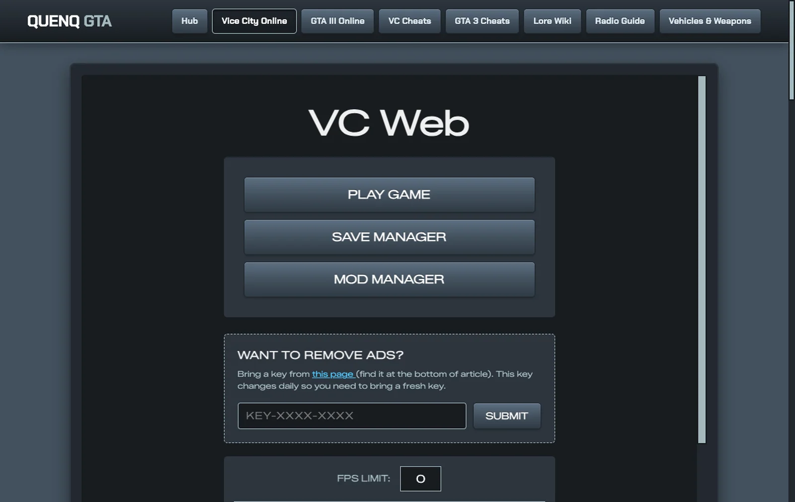 Pantalla de entrada del puerto web de Vice City en quenqgta.com, con los botones PLAY GAME, SAVE MANAGER y MOD MANAGER y el campo para limitar los FPS