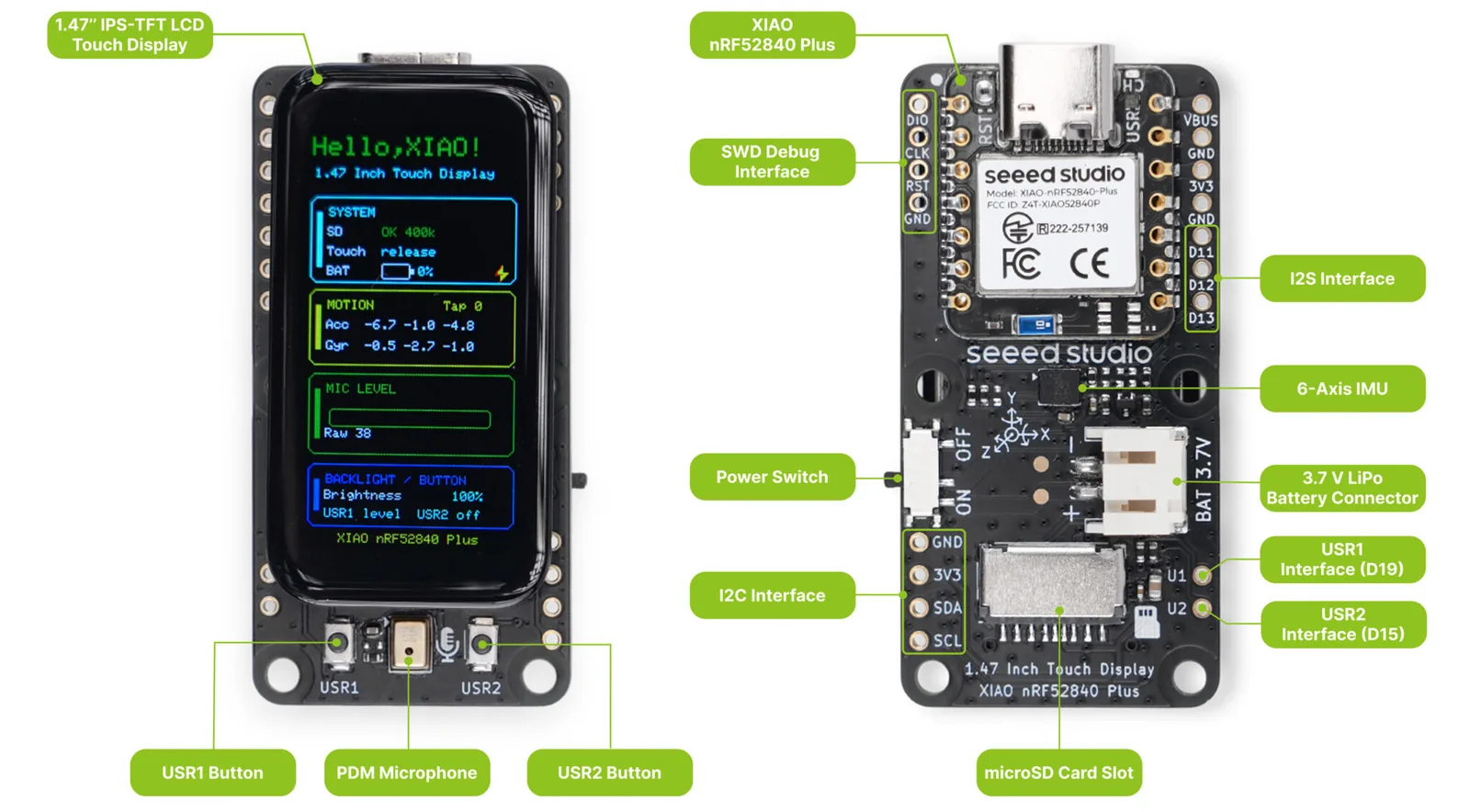 Vista del hardware de la pantalla táctil XIAO IPS de 1,47 pulgadas con nRF52840