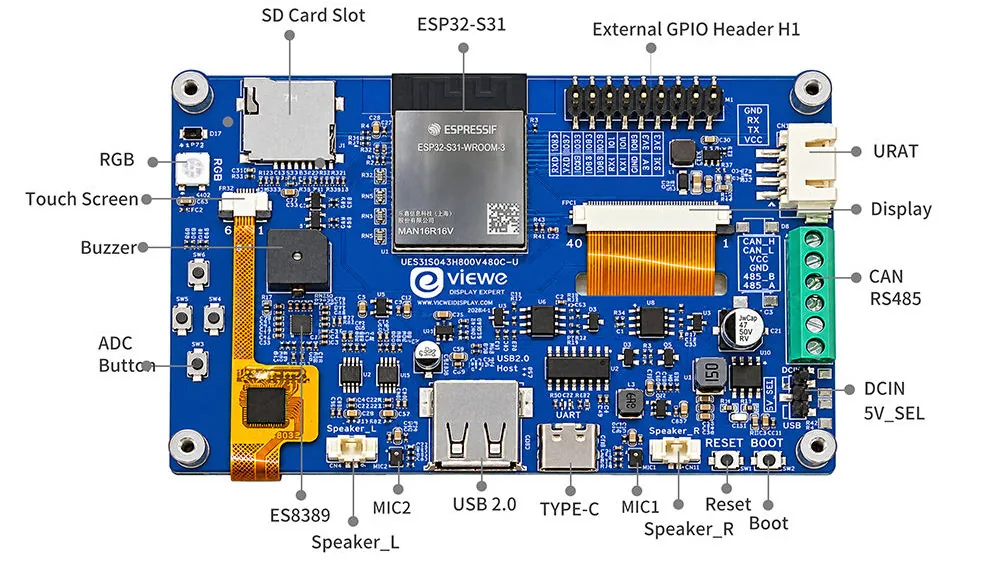 Vista general del hardware de la placa con pantalla y ESP32-S31