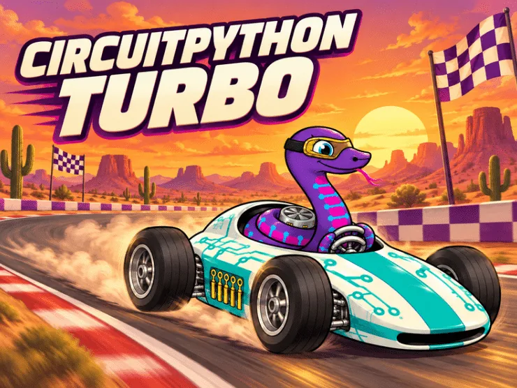 Ilustración de la mascota serpiente de CircuitPython Turbo manejando un auto de carreras en una pista en el desierto