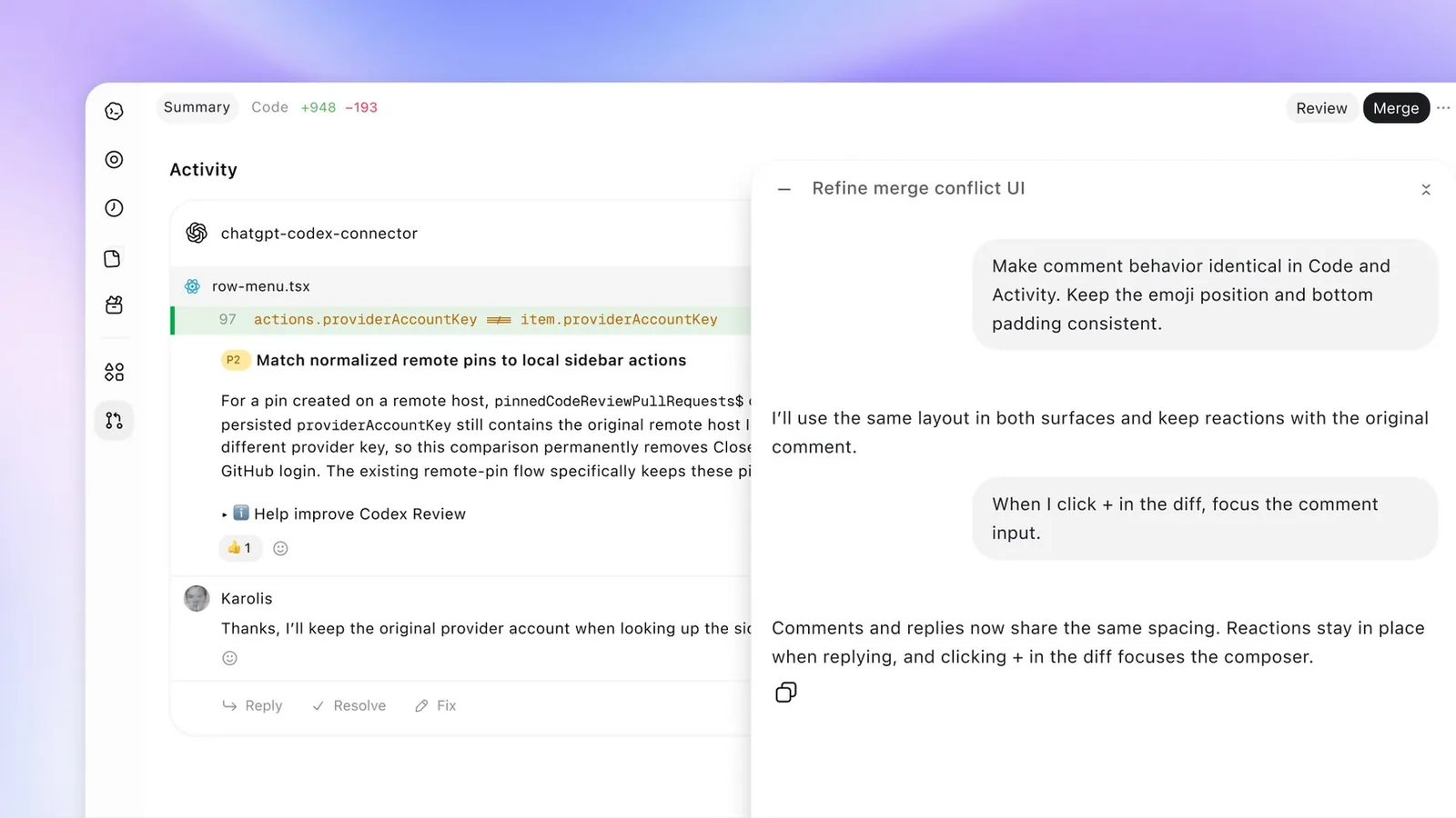 Codex revisa row-menu.tsx con prioridad P2 y botones Reply, Resolve y Fix, junto a un chat sobre la interfaz de conflictos de merge