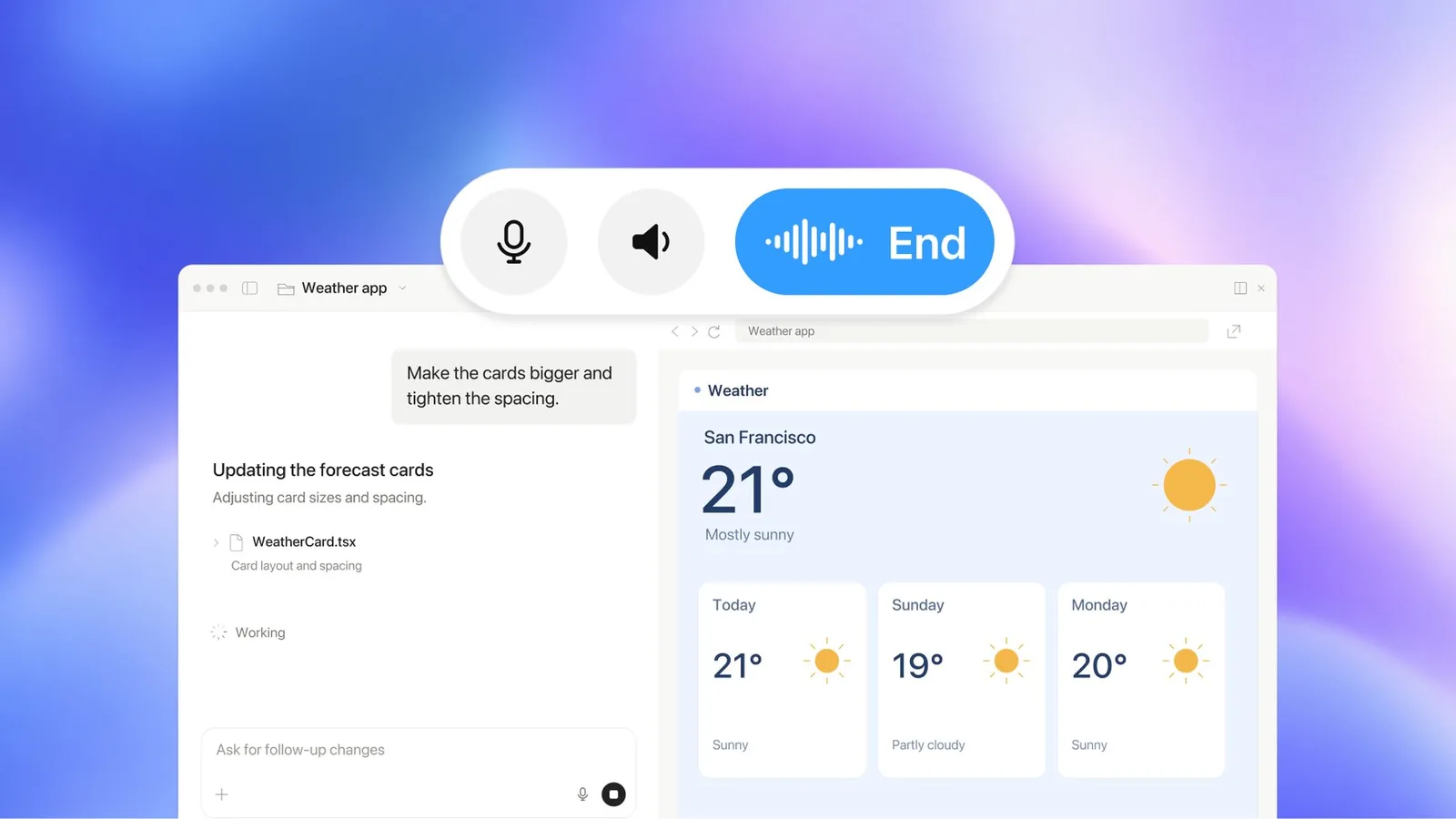 Codex con control por voz recibe la orden de agrandar las tarjetas y ajustar el espaciado de una app del clima de San Francisco