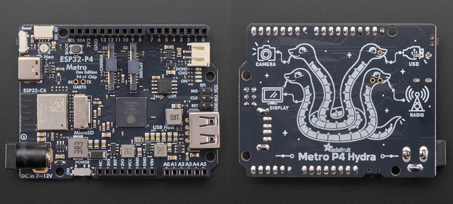 Cara superior e inferior de la placa Adafruit Metro ESP32-P4 Hydra
