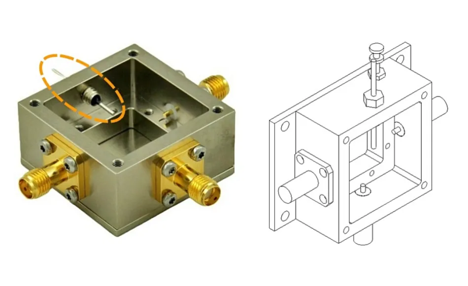 Una caja de RF de aluminio con un capacitor pasante para alimentar la unidad.