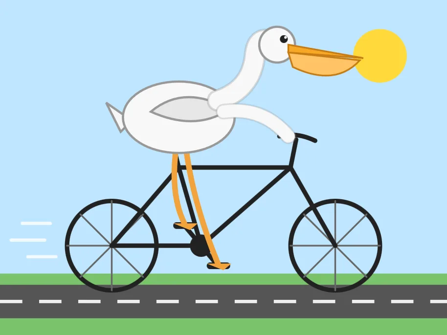 Ilustración plana minimalista de un pelícano blanco con pico naranja andando en una bicicleta negra, con sus patas naranjas pedaleando y líneas de movimiento detrás, sobre fondo celeste.