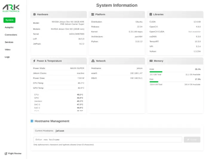Captura de ARK UI corriendo sobre una NVIDIA Jetson Orin NX
