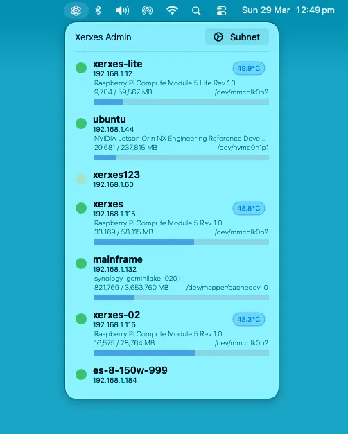 Herramienta de gestión Xerxes Home Lab en la barra de menús de macOS
