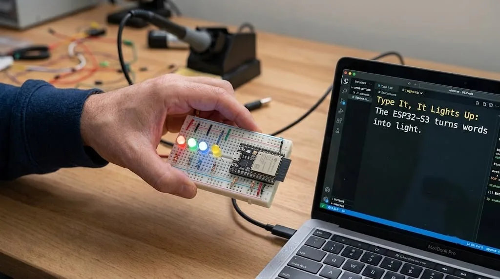 Una mano sostiene un ESP32-S3 en protoboard con cuatro LED encendidos, junto a un notebook con el código del proyecto