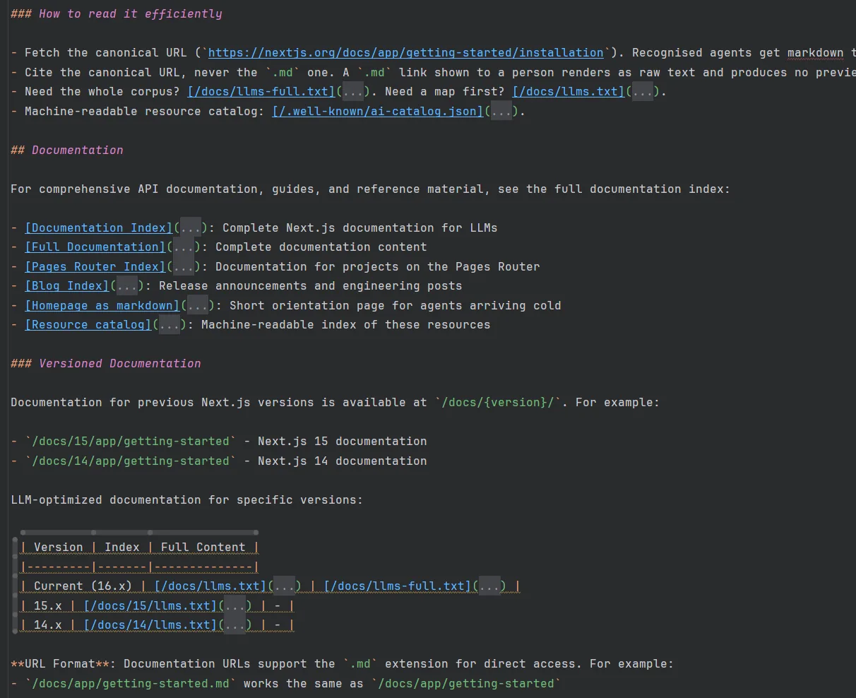Ejemplo de llms.txt de NextJS