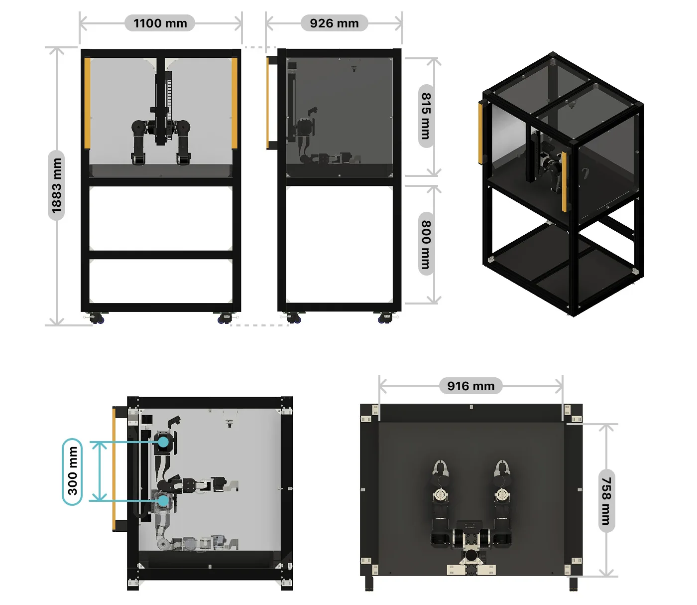 Recinto OpenArm Cell con dos brazos OpenArm 2.0 y un elevador de 300 mm en el eje Z