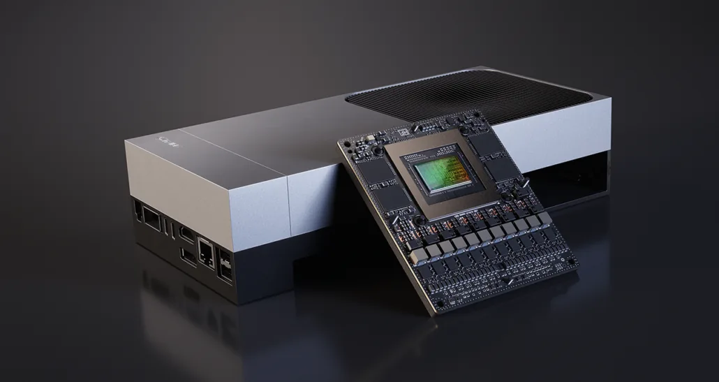 Kit de desarrollo NVIDIA Jetson AGX Thor, con el módulo de cómputo y la placa portadora, para aplicaciones de IA en el borde y robótica.