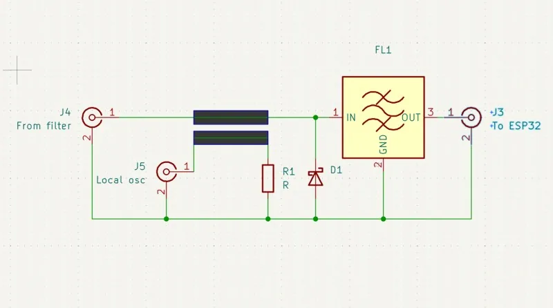 Circuito de un mezclador simple de diodo no balanceado con un filtro pasabanda en la salida