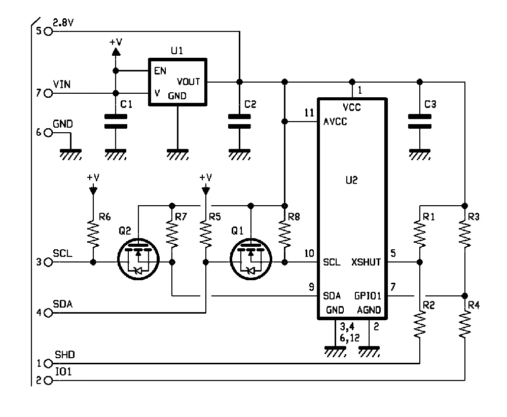 Esquemático de la placa breakout construida alrededor del sensor VL53L0X.
