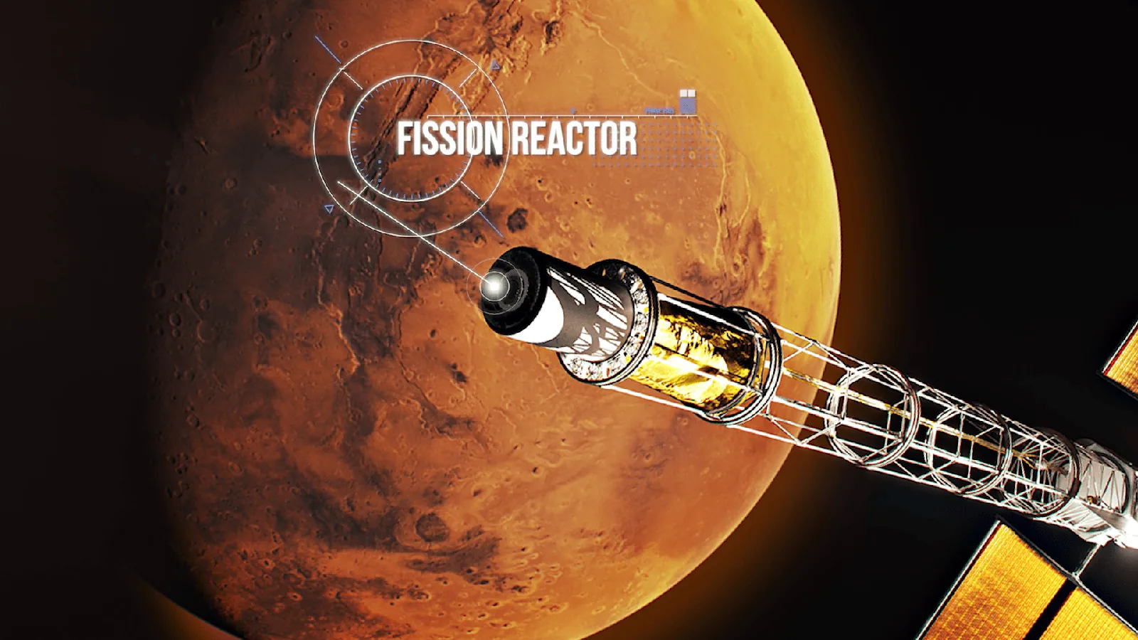 Ilustración digital de la nave Space Reactor-1 Freedom (SR-1) en el espacio profundo, con Marte de fondo