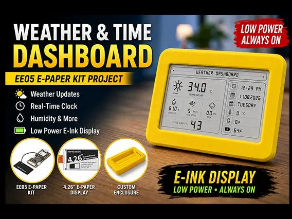 Pantalla ePaper monocroma de 4,26 pulgadas mostrando un tablero del clima con temperatura, humedad, velocidad del viento y hora