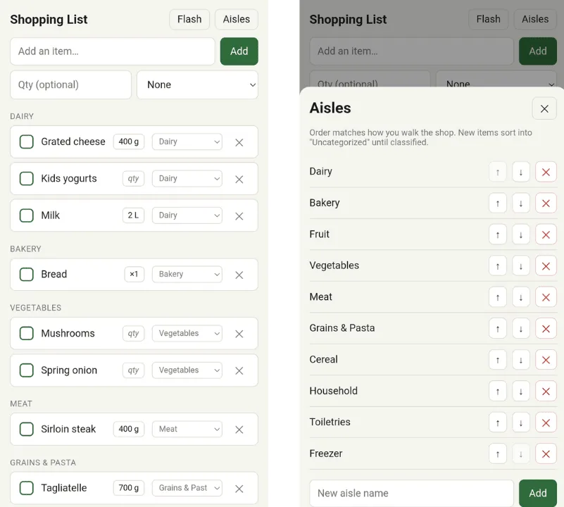 La app web del teléfono agrupa los productos por pasillo, en el orden en que se recorre la tienda. (Imagen: GitHub)
