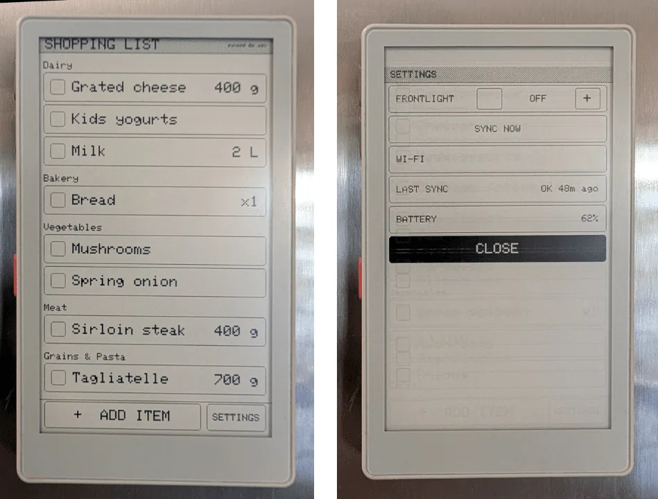 El equipo muestra la lista sincronizada en tinta electrónica, junto con el estado de sincronización y el nivel de batería. (Imagen: GitHub)