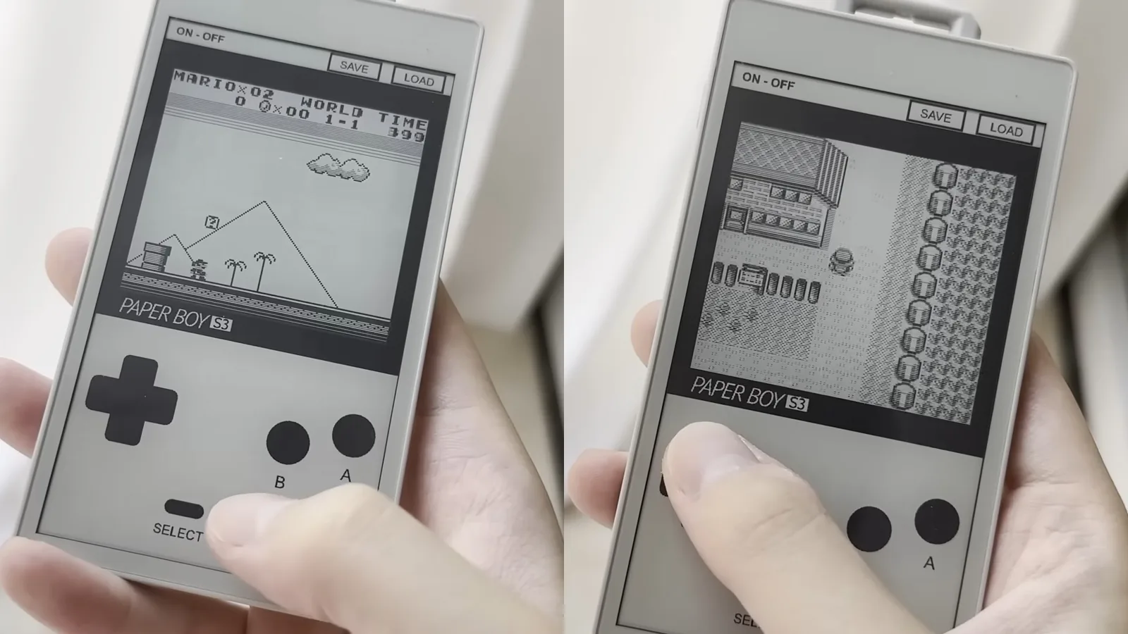 Dos fotos del emulador PaperBoyS3 corriendo juegos clásicos de Mario y Pokemon