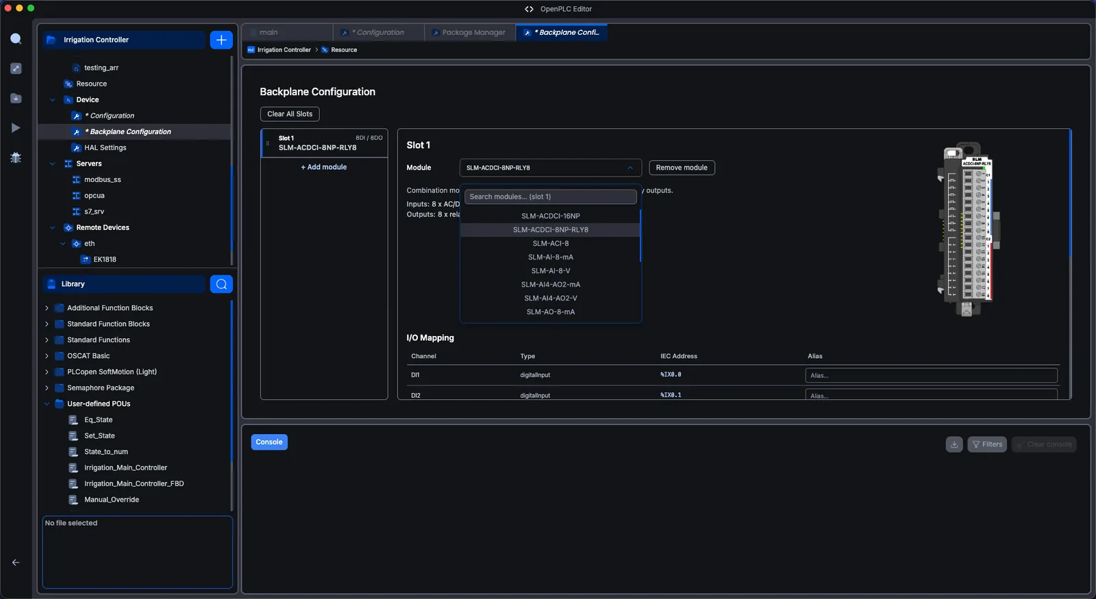 Pantalla de configuración del backplane, con la selección de módulos por ranura y el mapeo de E/S