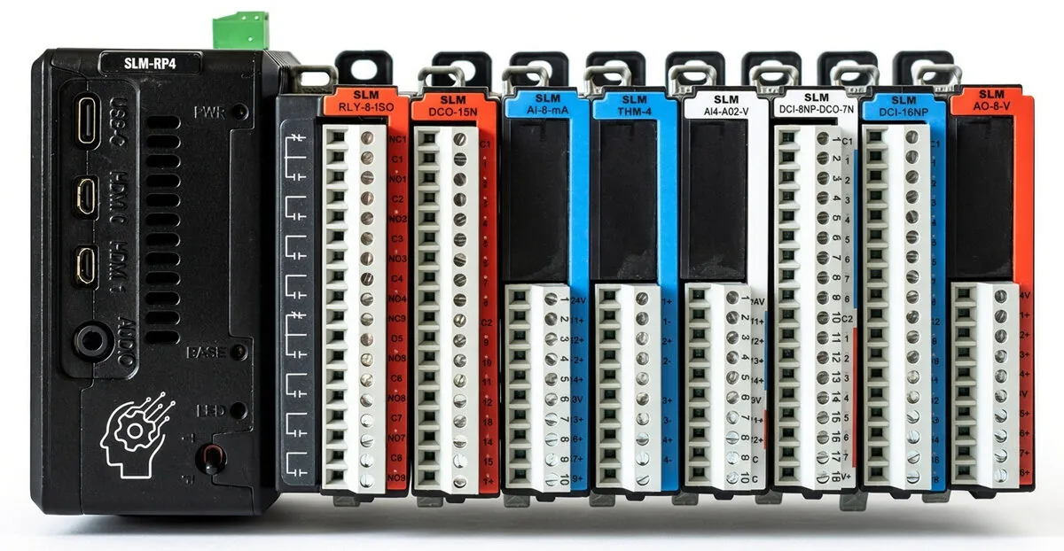 Controlador SLM-RP4 con ocho módulos de E/S apilables conectados por el backplane SPI